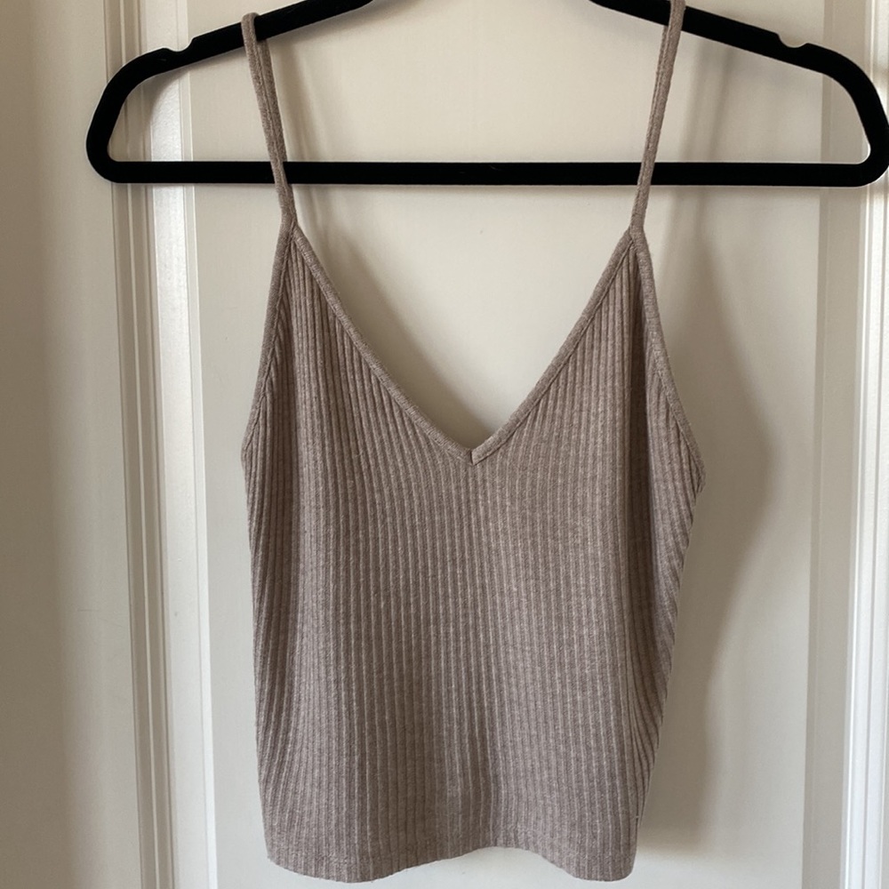 Brandy Melville Taupe V-Neck Sweater Crop Top w/Spaghetti Straps